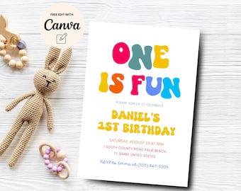 One is Fun 1st Birthday Invitation Template, 1st Birthday Invite, Gender Neutral First Birthday, Canva Editable, Digital Download