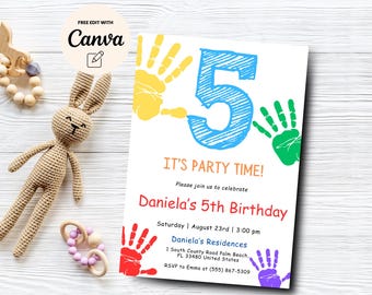 Editable 5th Birthday Invitation, Modern Party Invite, High Five Birthday, Colorful Birthday Invite, Canva Template, Digital Download