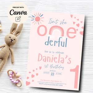 Editable Boho Rainbow 1st Birthday Invitation, Onederful Girls Pink Invite, Instant Download, Canva Editable, Digital Download, Printable