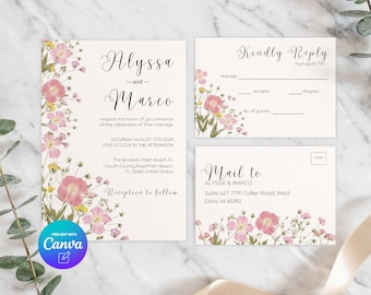 May include: Wedding invitation with a floral design featuring pressed flowers in shades of pink and green. The invitation reads "Alyssa and Marco" and includes the date and time of the wedding, as well as the location. A separate RSVP card is included with the text "Kindly Reply by August 17th".