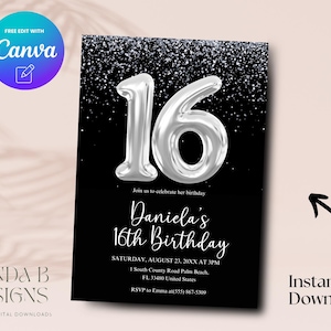 Silver 16th Birthday Invitation, Minimalist Silver Glitter 16th Birthday Invite, Sweet Sixteen Invite Canva Template, Digital Download