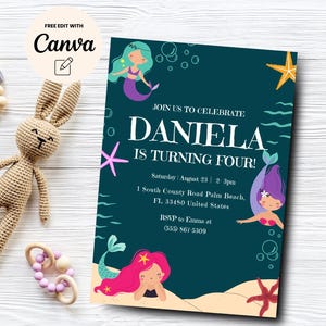 Mermaid 4th birthday invitation, 4th birthday fourth birthday un-four-gettable shellebration Mermaid, Canva Template, Digital Download