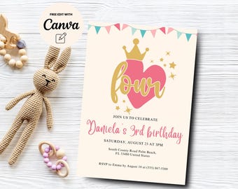 Princess 4th Birthday Invitation, Pink Princess Girl 4th Birthday Invite, Girl birthday Invitation, Canva Template, Digital Download