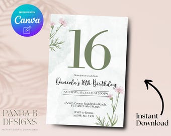 Wildflower 16th Birthday Invitation, Minimalist Green 16th Birthday Invite, Floral Teenage Birthday Invite, Canva Template, Digital Download
