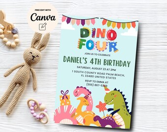 Dino-Four 4th Birthday Invitation, 4th Birthday Invite, Dinosaur Boy Invite, Dinosaur Party Invitation, Canva Template, Digital Download