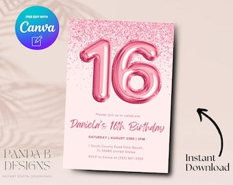 Faire-part pour 16e anniversaire de paillettes roses, invitation minimaliste pour 16e anniversaire rose, modèle de toile d'invitation Sweet Sixteen, téléchargement numérique