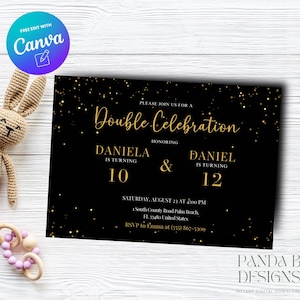 Gold Double Birthday Invite, Gold Glitter Birthday Invitation, Gold Joint Birthday Invite Any Age, Canva Template, Instant Download