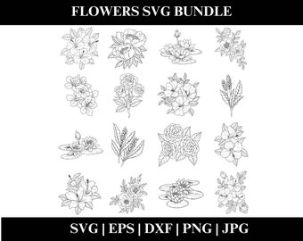 Flower SVG Bundle, Floral Outline Clipart PNG, SVG Cut Files, Wedding, Border, Bundle, Instant Download, Digital Product