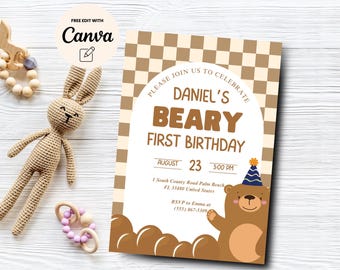 Beary First Birthday Invitation, Teddy Bear Birthday Invite Beary First Gingham Birthday Bear Invite, Canva Editable, Digital Download
