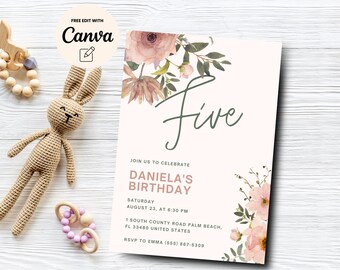 5th Birthday Invitation Girl, Wildflower 5th birthday Invite, Five Years Old, Girl Birthday Invite Canva Template, Digital Download