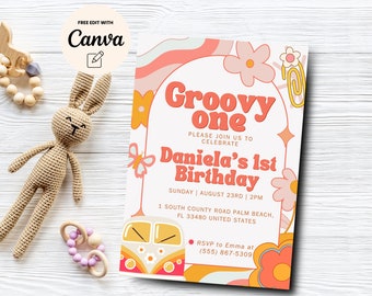 Groovy One Birthday Invitation, Girl First Birthday Invite, Retro Birthday Invite, Girl 1st Birthday, Canva Editable, Digital Download
