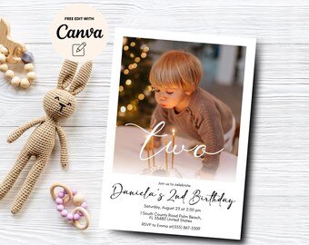 Editable 2nd Birthday Photo Invitation, 2nd Birthday Invite, Minimalist 2nd Birthday Photo Invite, Canva Editable, Digital Download