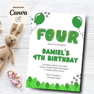 Dinosaur 4th Birthday Invitation, Dino-Four Invite, Dino Boy Fourth Birthday Party Dino Four Invitation, Canva Template, Digital Download