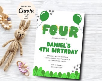 Dinosaur 4th Birthday Invitation, Dino-Four Invite, Dino Boy Fourth Birthday Party Dino Four Invitation, Canva Template, Digital Download