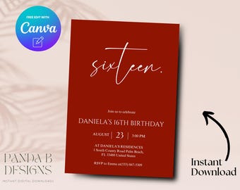 Invitación minimalista para cumpleaños número 16 en rojo, invitación editable para cumpleaños número 16 en rojo, plantilla Canva para invitación de cumpleaños número 16, descarga digital