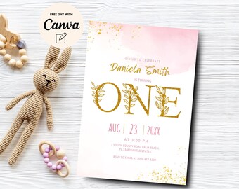 Gold 1st Birthday Invitation, Gold Floral Birthday Party Invite, 1st Birthday Gold Floral Invite, Canva Template, Digital Download