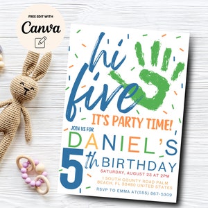 Hi-Five 5th Birthday Invitation, Modern Party Invite, High Five Birthday, Colorful Birthday Invite, Canva Template, Digital Download