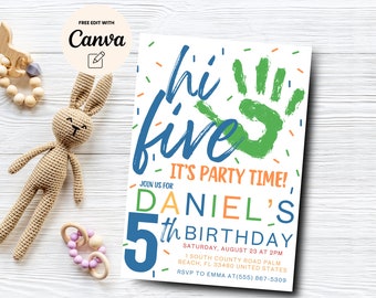 Hi-Five 5th Birthday Invitation, Modern Party Invite, High Five Birthday, Colorful Birthday Invite, Canva Template, Digital Download