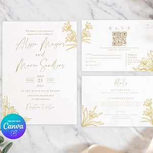 Peut inclure: Suite d'invitation de mariage avec des accents floraux dorés. L'invitation présente les noms Alyssa Mayers et Marco Sanders, la date du 23 août 20XX et le lieu The Beach Palm Resort. La carte RSVP comprend un code QR et un espace pour les informations des invités. La carte des détails fournit des informations sur la réception, l'hébergement et la visite.