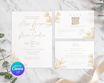 Yellow Wedding Invitation Template, QR Code RSVP, Printable, Canva Editable Wedding Invitation Suite, Instant Download