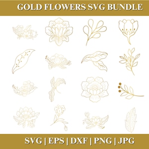 Pacote SVG e PNG de flores e folhas douradas, clipart de flores douradas, SVG de flores de casamento, arquivos para Cricut