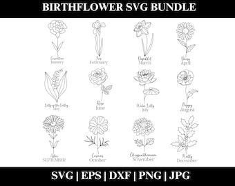Digital Birth Flower SVG Bundle, Floral Clipart PNG, Instant Download