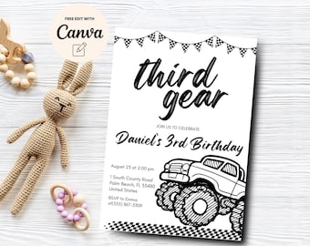 Monster Truck 3. Geburtstagseinladung, dritter Gang 3. Geburtstag einladen, 3. Geburtstag Monster Truck, Canva bearbeitbar, digitaler Download