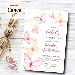 Butterfly 4th Birthday Invitation Template, Pink Butterfly Kisses Invite, Girl First Birthday, Canva Template, Digital Download