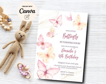 May include: A pink and yellow butterfly-themed birthday invitation with gold glitter accents. The invitation reads "Our Little Butterfly is Turning Four!" and includes the name "Daniela's 4th Birthday". The invitation also includes the date, time, and location of the party, as well as an RSVP contact.