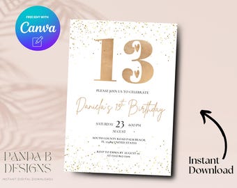 Invito per il 13° compleanno in oro, invito minimalista per il 13° compleanno in oro, modello Canva per invito di compleanno per ragazze adolescenti, download digitale
