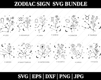 May include: A set of 12 black and white line art illustrations of zodiac signs. Each sign is depicted with a constellation, a flower, and the name of the sign. The signs are: Leo, Aquarius, Libra, Gemini, Cancer, Taurus, Aries, Sagittarius, Capricorn, Scorpio, Virgo, and Pisces.