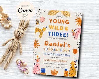 Young Wild and Three 3rd Birthday Party Invitation, Jungle Safari Animals Birthday Party Invite Template, Canva Template, Digital Download