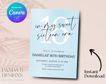 Invitación editable para el cumpleaños número 16 en azul, invitación minimalista para el cumpleaños número 16 en azul In my Sweet Sixteen Era, plantilla Canva, descarga digital
