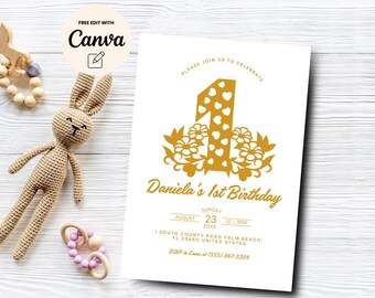 Gold 1st Birthday Invitation, Gold Floral Birthday Party Invite, 1st Birthday Gold Floral Invite, Canva Template, Digital Download