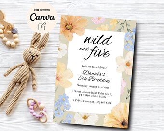 Wild and Five 5th Birthday Invitation, Wildflower 5th Birthday Party Invite, Fifth Birthday Invitation, Canva Template, Digital Download