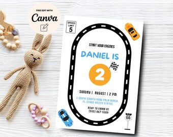 Plantilla de invitación para el segundo cumpleaños de Start Your Engine, invitación para el segundo cumpleaños de Race Car, invitación para el segundo cumpleaños de Growing Up Two Fast, plantilla de Canva