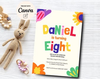 May include: Colorful birthday invitation with a floral design. The invitation says "DaNiel is turning Eight" and includes details for the party.