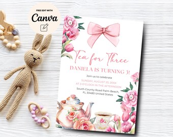 Invitación para fiesta de tercer cumpleaños de Tea for Three, invitación para fiesta de té de tercer cumpleaños, tercer cumpleaños de niña con lazos rosas, plantilla Canva, descarga digital