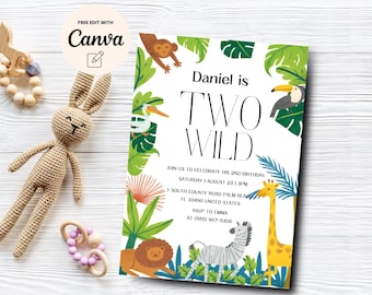 Editable Safari Birthday Invitation, Two Wild Invitation, Jungle Animals Invitation, 2nd Birthday Invite, Canva Template, Digital Download