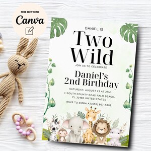 Zwei wilde Geburtstags-Einladung, Safari 2.Geburtstag einladen Dschungel-Tier Junge-Einladung zum 2.Geburtstag, Einladung zum 2.Geburtstag einladen Digital Download