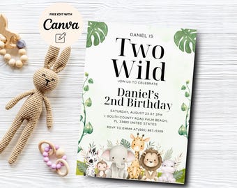 Two Wild Birthday Invitation, Safari 2nd Birthday Invite Jungle Animal Boy Second Birthday Invitation, 2nd Birthday Invite Digital Download