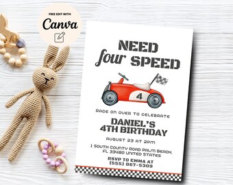 Need Four Speed Invitation, Editable Race Car 4th Birthday Invite, Editable Boy 4th Birthday Invitation, Canva Template, Digital Download