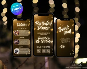 Digital Birthday Dinner invitation, Animated Digital Birthday Party Video Invite, Dinner Birthday Canva Template, Digital Download