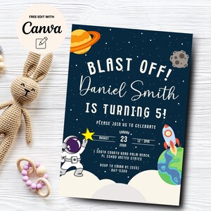 Space 5th Birthday Invitation, Blast Off Space Theme 5th Birthday, Planets Galaxy Birthday Party Invite Canva Template, Digital Download