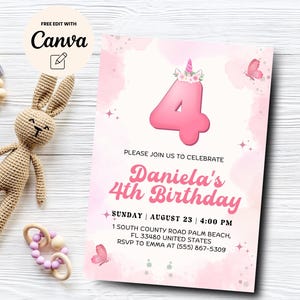 Faire-part 4e anniversaire Licorne, quatre invitations magiques, licorne arc-en-ciel, fête de la licorne rose, modèle de toile, téléchargement numérique