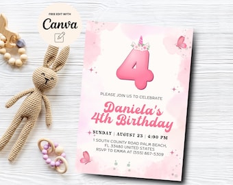 Inbjudan till enhörning, 4-årsdagsinbjudan, magisk fyra ständigt, regnbågsenhörning, rosa enhörningsfest, Canva-mall, digital nedladdning