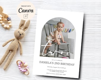 Editable 2nd Birthday Photo Invitation, 2nd Birthday Invite, Minimalist 2nd Birthday Photo Invite, Canva Editable, Digital Download