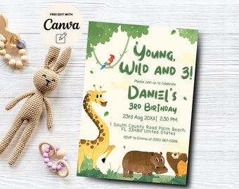 May include: A jungle-themed birthday invitation for a 3rd birthday party. The invitation features a giraffe, a hippopotamus, and a monkey. The text on the invitation reads "Young, Wild and 3!" and "Daniel's 3rd Birthday".
