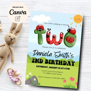 Ladybug 2nd Birthday Invitation, EDITABLE Digital Invitation, Little Lady bug 2nd Birthday Party, Canva Editable, Digital Download