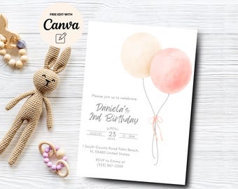 Balloon Second Birthday Invitation,  Pink Pastel 2nd Birthday Invitation, Girl 2nd Birthday Invite, Canva Editable, Digital Download